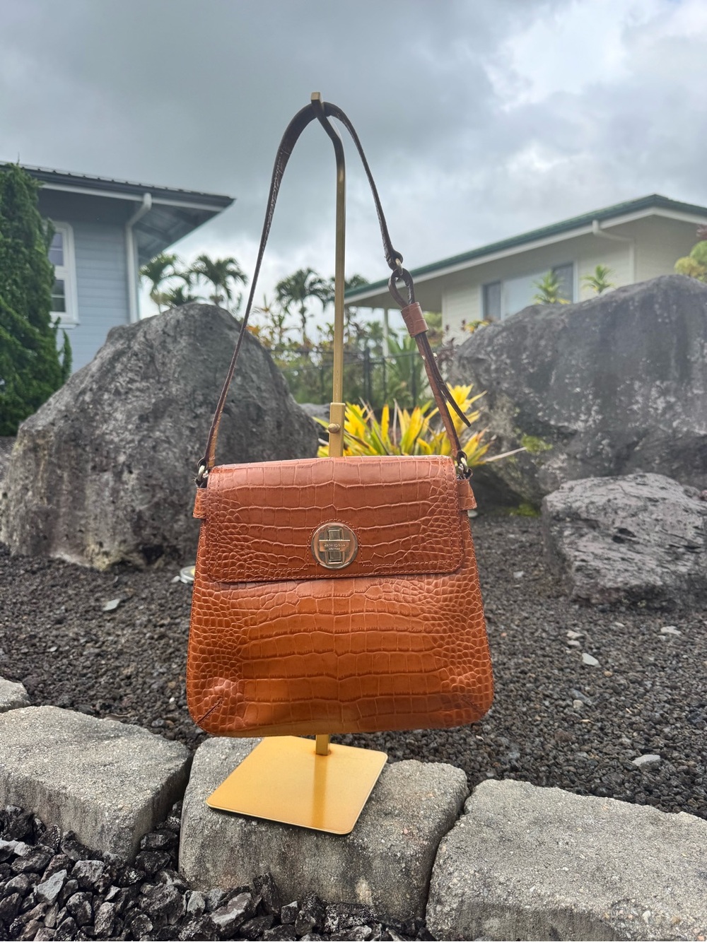 Kate Spade New York Brown Croc Embossed Leather Crossbody Shoulder Bag